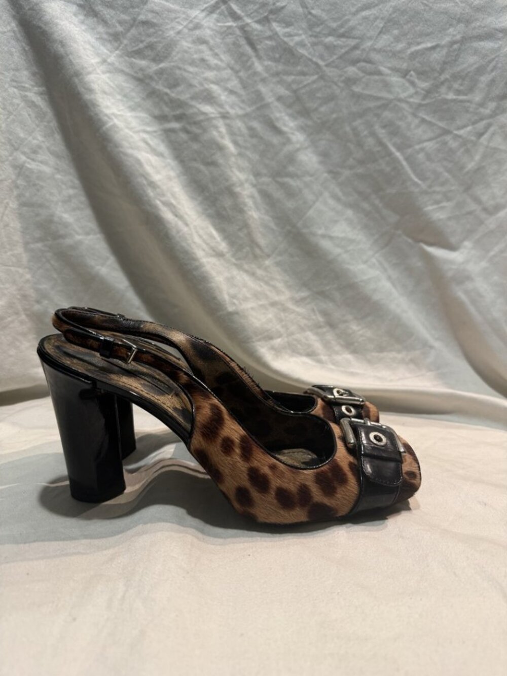 Dolce & Gabbana Leopard Pony Hair Patent Slingback Pumps Buckle Toe EU 38.5